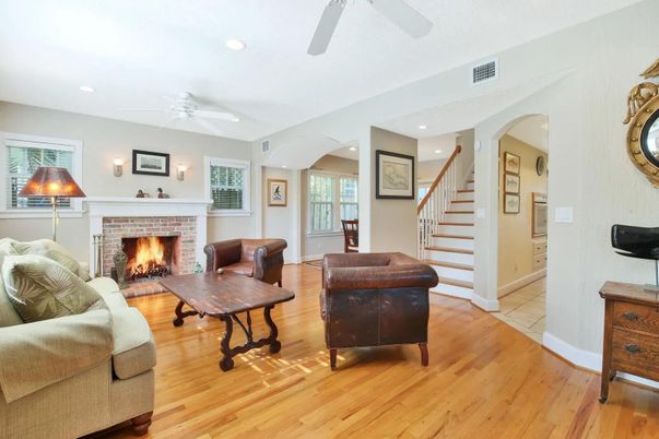 Fireplace, Interior, Living room, Recessed Lighting, Wood Texture Flooring