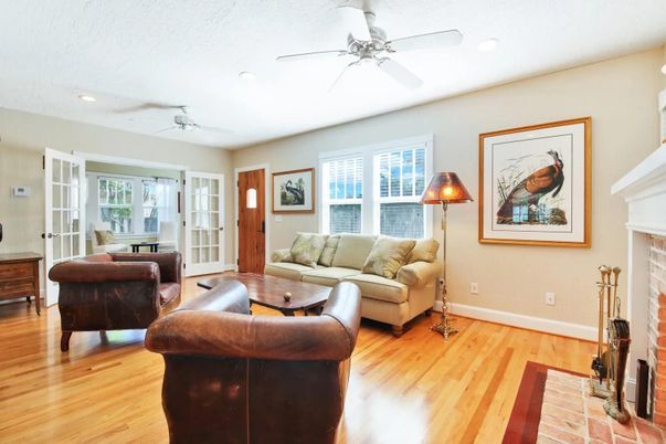 Fireplace, Interior, Living room, Recessed Lighting, Wood Texture Flooring