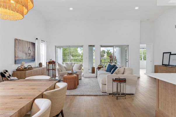 Dining room, Interior, Living room, Recessed Lighting, Wood Texture Flooring