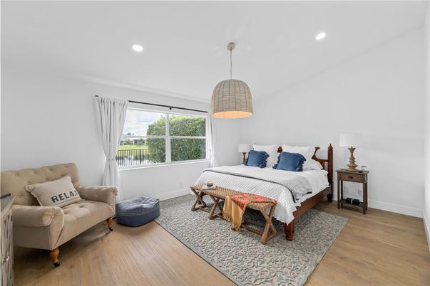 Bedroom, Interior, Pendant Lights, Recessed Lighting, Wood Texture Flooring