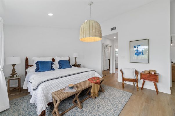 Bedroom, Interior, Pendant Lights, Recessed Lighting, Wood Texture Flooring