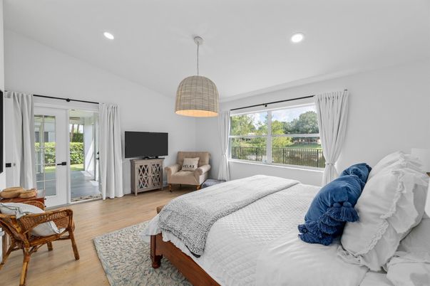 Bedroom, Interior, Pendant Lights, Recessed Lighting, Wood Texture Flooring