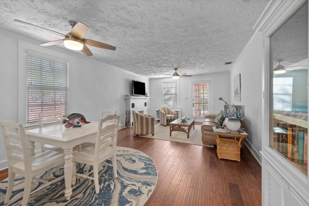 Dining room, Fireplace, Interior, Living room, Wood Texture Flooring