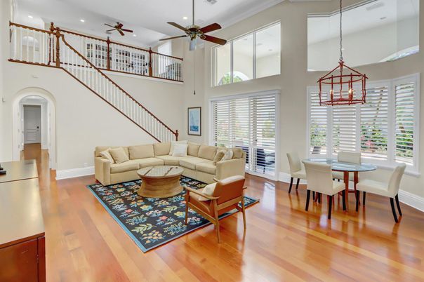 Dining room, Interior, Living room, Pendant Lights, Recessed Lighting, Wood Texture Flooring