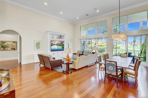 Dining room, Interior, Living room, Recessed Lighting, Wood Texture Flooring