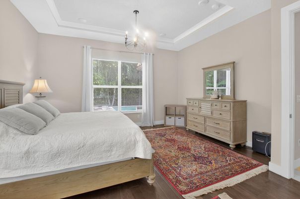 Bedroom, Chandelier, Interior, Recessed Lighting, Wood Texture Flooring