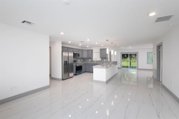 Interior, Kitchen, Marble, Pendant Lights, Recessed Lighting, Stainless Steel Appliances