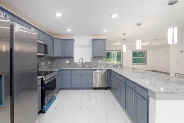 Interior, Kitchen, Marble, Pendant Lights, Recessed Lighting, Stainless Steel Appliances