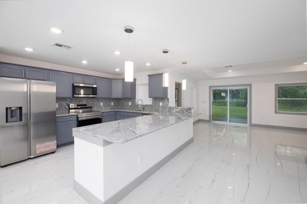 Interior, Kitchen, Marble, Pendant Lights, Recessed Lighting, Stainless Steel Appliances