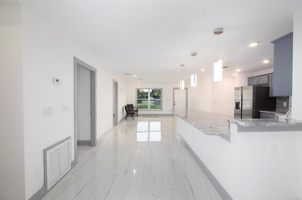 Interior, Kitchen, Marble, Pendant Lights, Recessed Lighting, Stainless Steel Appliances