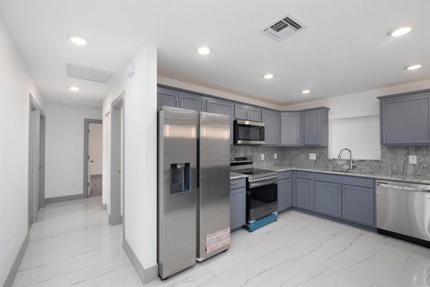 Interior, Kitchen, Marble, Recessed Lighting, Stainless Steel Appliances