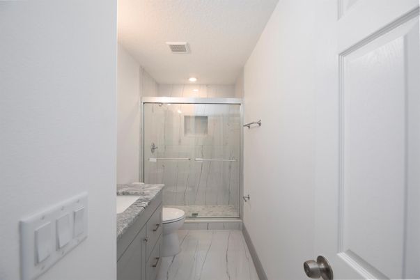Bathroom, Glass Shower, Interior, Recessed Lighting