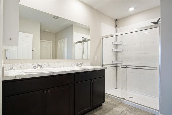 Bathroom, Dual Sink Vanities, Glass Shower, Interior, Recessed Lighting