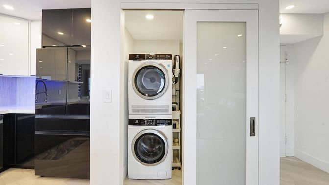 Interior, Recessed Lighting, Utility Closets, Washer, Wood Texture Flooring