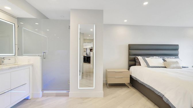 Bedroom, Interior, Recessed Lighting, Wood Texture Flooring