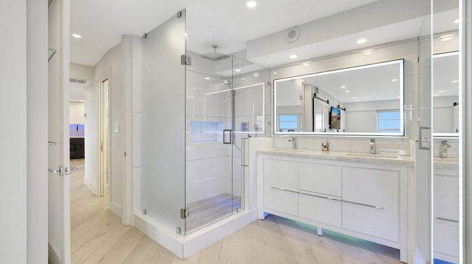 Bathroom, Glass Shower, Interior, Recessed Lighting, Wood Texture Flooring