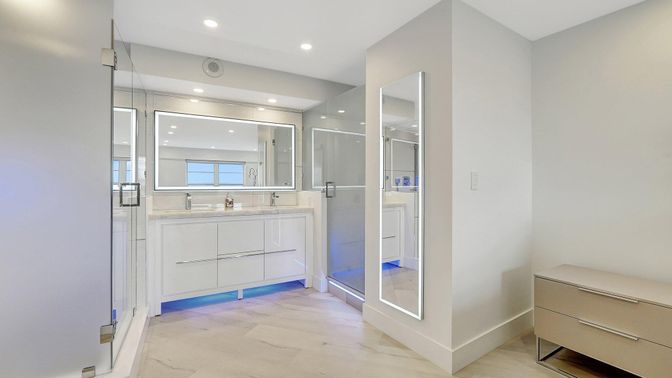 Bathroom, Dual Sink Vanities, Glass Shower, Interior, Recessed Lighting, Wood Texture Flooring