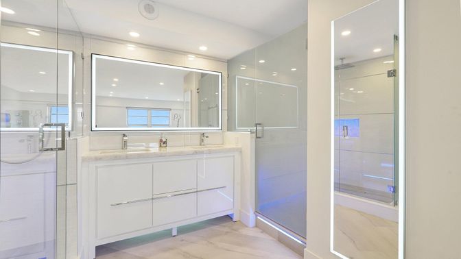 Bathroom, Glass Shower, Interior, Recessed Lighting, Wood Texture Flooring