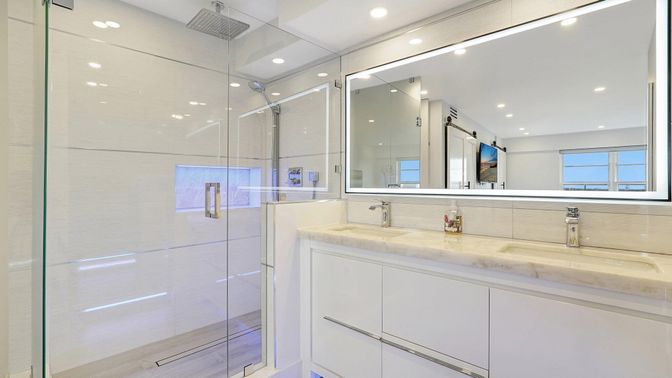 Bathroom, Glass Shower, Interior, Recessed Lighting