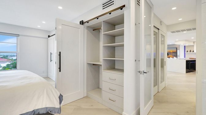 Bedroom, Interior, Recessed Lighting, Wood Texture Flooring