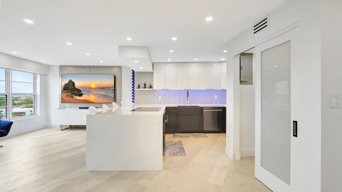 Interior, Kitchen, Recessed Lighting, Wood Texture Flooring