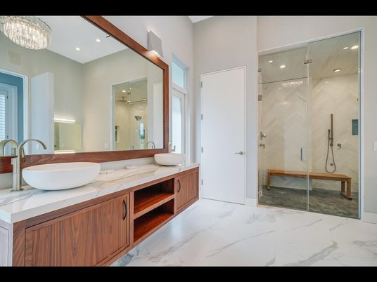 Bathroom, Dual Sink Vanities, Glass Shower, Interior, Marble, Recessed Lighting