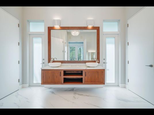 Bathroom, Chandelier, Dual Sink Vanities, Interior, Marble