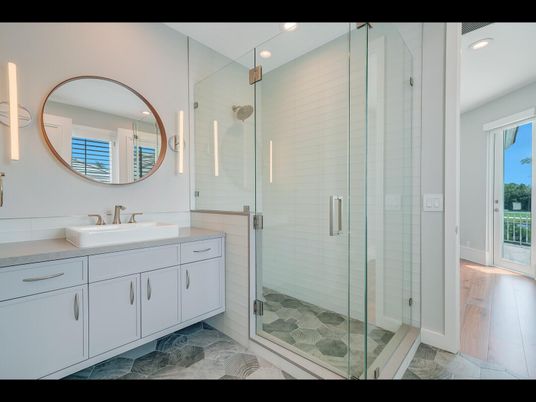 Bathroom, Glass Shower, Interior, Recessed Lighting, Wood Texture Flooring