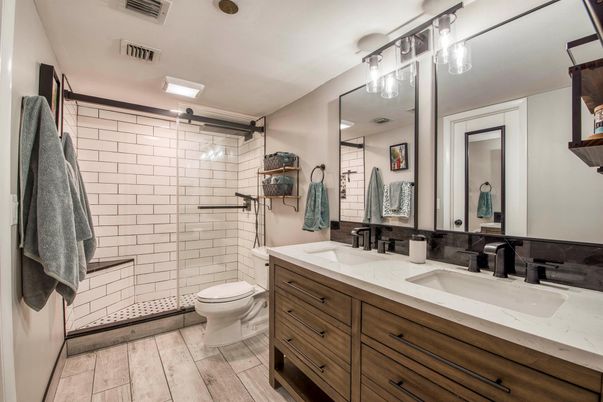 Bathroom, Dual Sink Vanities, Glass Shower, Interior, Wood Texture Flooring
