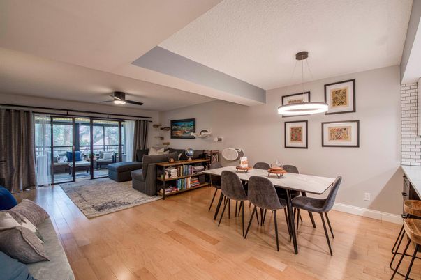 Dining room, Interior, Living room, Pendant Lights, Wood Texture Flooring