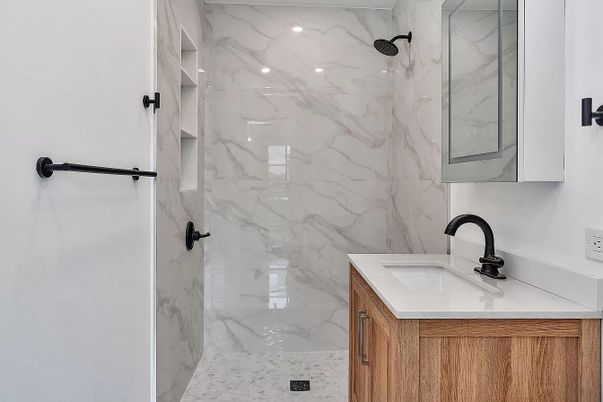 Bathroom, Glass Shower, Interior, Marble Walls