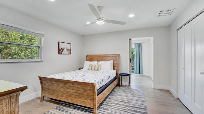 Bedroom, Interior, Recessed Lighting, Wood Texture Flooring