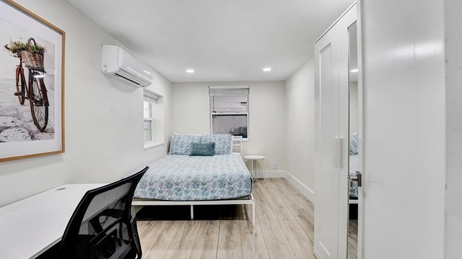 Bedroom, Interior, Recessed Lighting, Wood Texture Flooring
