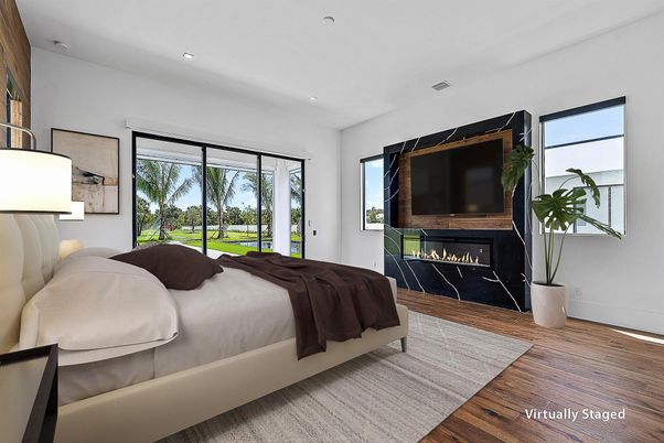 Bedroom, Fireplace, Interior, Recessed Lighting, Wood Texture Flooring