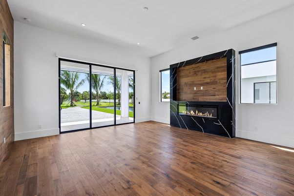 Empty room, Fireplace, Interior, Recessed Lighting, Wood Texture Flooring