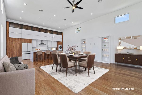 Dining room, Interior, Kitchen, Pendant Lights, Recessed Lighting, Wood Texture Flooring