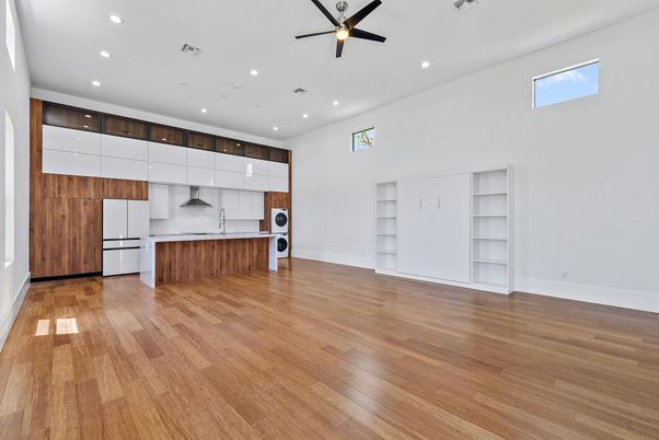 Empty room, Interior, Kitchen, Recessed Lighting, Wood Texture Flooring
