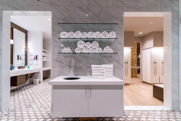 Bathroom, Interior, Marble Walls, Recessed Lighting, Wood Texture Flooring
