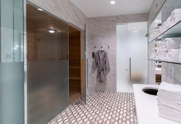 Bathroom, Glass Shower, Interior, Recessed Lighting