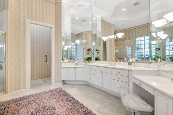 Bathroom, Dual Sink Vanities, Glass Shower, Interior, Pendant Lights, Recessed Lighting