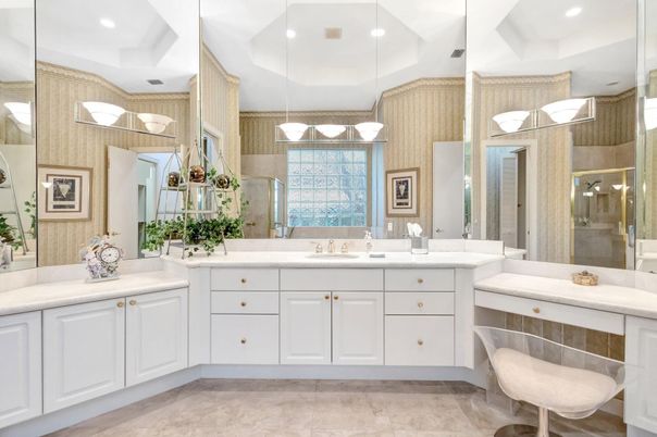 Bathroom, Dual Sink Vanities, Glass Shower, Interior, Pendant Lights, Recessed Lighting