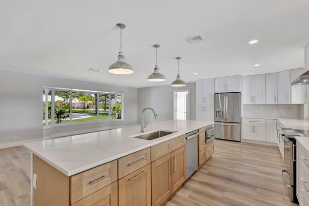 Interior, Kitchen, Pendant Lights, Recessed Lighting, Stainless Steel Appliances, Wood Texture Flooring