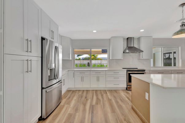 Interior, Kitchen, Pendant Lights, Recessed Lighting, Stainless Steel Appliances, Wood Texture Flooring