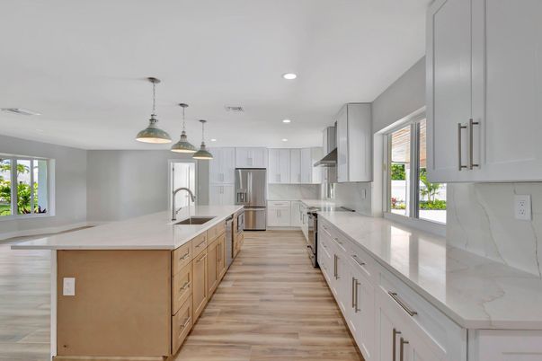 Interior, Kitchen, Pendant Lights, Recessed Lighting, Stainless Steel Appliances, Wood Texture Flooring