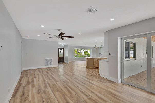 Empty room, Interior, Kitchen, Pendant Lights, Recessed Lighting, Wood Texture Flooring