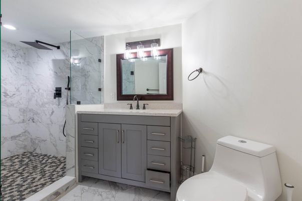Bathroom, Glass Shower, Interior, Marble, Marble Walls, Recessed Lighting