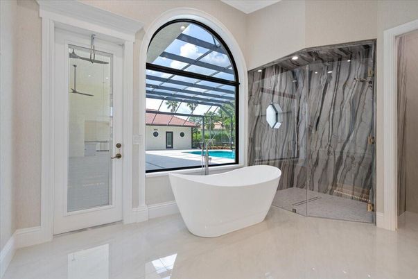 Bathroom, Free Standing Baths, Glass Ceilings, Glass Shower, Interior, Marble Walls