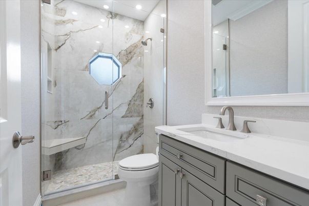 Bathroom, Glass Shower, Interior, Marble Walls, Recessed Lighting