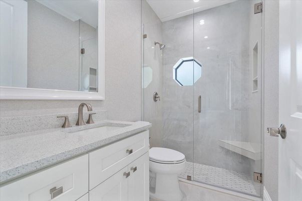 Bathroom, Glass Shower, Interior, Marble Walls, Recessed Lighting