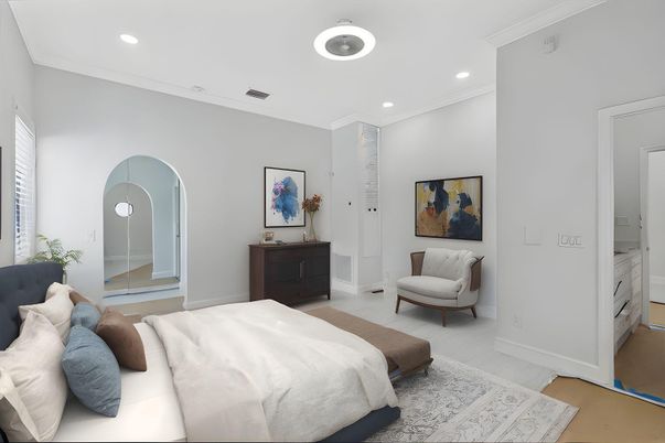 Bedroom, Interior, Recessed Lighting, Wood Texture Flooring